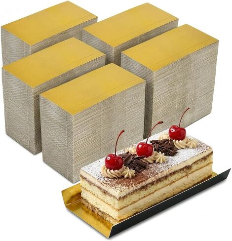 DEAYOU 500 Pcs Mini Cake Boards Rectangular, 5 × 2.8 Inch Foldable Paper Cardboard Dessert Plates, Greaseproof Mousse Cupcake Bases for Pastry Display, Baking, Party, Wedding, Gold and Black in Saudi Arabia