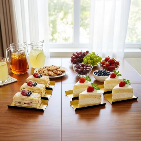 DEAYOU 500 Pcs Mini Cake Boards Rectangular, 5 × 2.8 Inch Foldable Paper Cardboard Dessert Plates, Greaseproof Mousse Cupcake Bases for Pastry Display, Baking, Party, Wedding, Gold and Black in Saudi Arabia