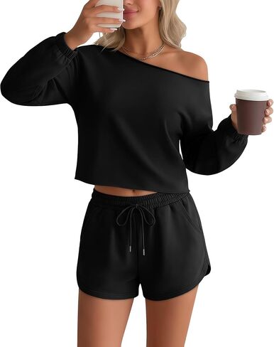 Women's 2 Piece Lounge Outfits No Hem Long Sleeve Sweatsuit Off Shoulder Top and Drawstring Short Pants Casual Set in Saudi Arabia
