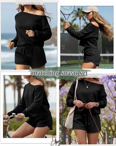 Women's 2 Piece Lounge Outfits No Hem Long Sleeve Sweatsuit Off Shoulder Top and Drawstring Short Pants Casual Set in Saudi Arabia