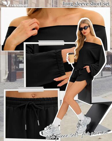 Women's 2 Piece Lounge Outfits No Hem Long Sleeve Sweatsuit Off Shoulder Top and Drawstring Short Pants Casual Set in Saudi Arabia