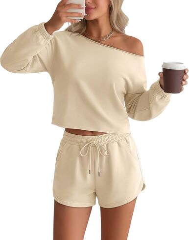 Women's 2 Piece Lounge Outfits No Hem Long Sleeve Sweatsuit Off Shoulder Top and Drawstring Short Pants Casual Set in Saudi Arabia