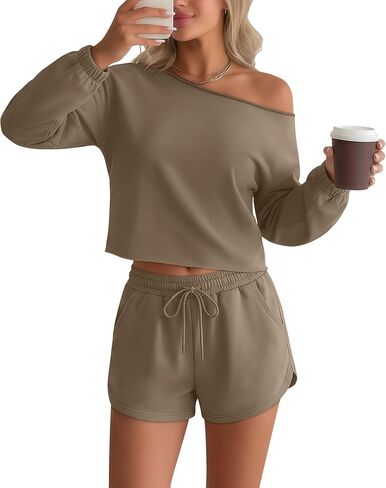 Women's 2 Piece Lounge Outfits No Hem Long Sleeve Sweatsuit Off Shoulder Top and Drawstring Short Pants Casual Set in Saudi Arabia