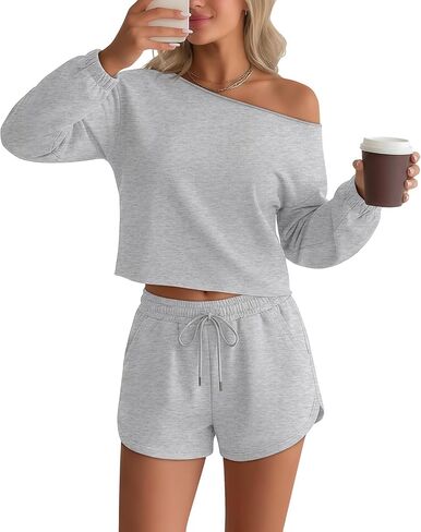Women's 2 Piece Lounge Outfits No Hem Long Sleeve Sweatsuit Off Shoulder Top and Drawstring Short Pants Casual Set in Saudi Arabia