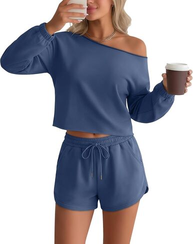 Women's 2 Piece Lounge Outfits No Hem Long Sleeve Sweatsuit Off Shoulder Top and Drawstring Short Pants Casual Set in Saudi Arabia