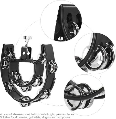 Hi Hat Tambourine Drum Set, Double Row Bells Musical Instrument for Drummers Guitarists Singers Composers, Multifunctional Hand Bell Rattle Loose,Black in Kuwait