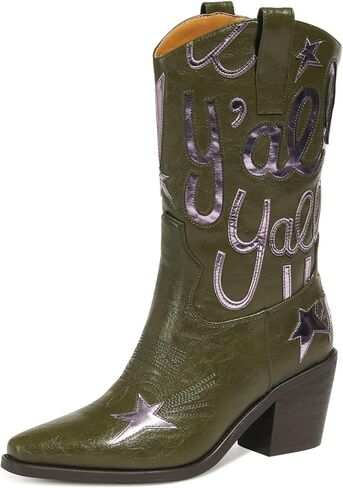 Cowboy Boots for Women Mid Calf Cowgirl Boots Pull On | Pointed Toe, Embroidery, Chunky Block Heel, Comfortable Western Boot for Concert Festival and Daily Wear, Fits True To Size in Saudi Arabia