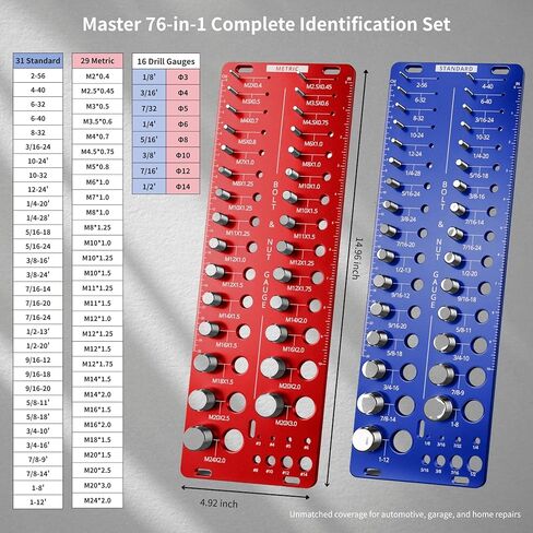 فاحص 76 خيط، مدقق خيط الصمولة والمسمار قياسي ومتري، مقياس خيط مع 31 SAE و29 متري و16 مقاس لقمة مثقاب، مجموعة معرف مقياس قياس حجم المسمار والصواميل الألومنيوم in Kuwait
