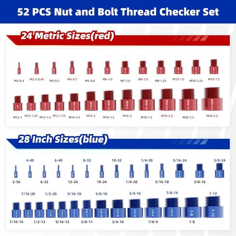 فاحص الخيوط، 52 قطعة من مفتش خيط الصواميل والمسمار، مقاييس خيط قياسية ومترية مع مكتشف حجم المسمار، 28 بوصة + 24 مقياس خيط نوع الصندوق المتري، حجم تحديد سريع للمناطق الضيقة والصعبة in Kuwait