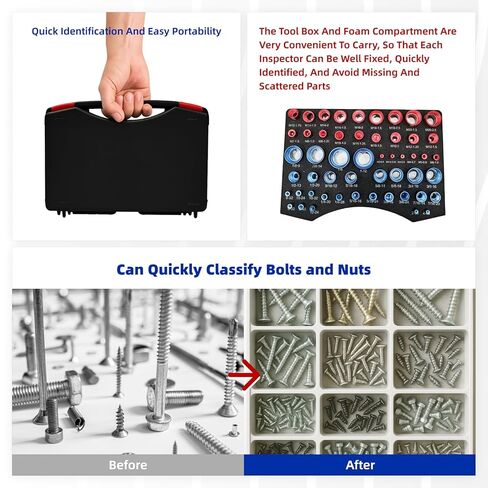 فاحص الخيوط، 52 قطعة من مفتش خيط الصواميل والمسمار، مقاييس خيط قياسية ومترية مع مكتشف حجم المسمار، 28 بوصة + 24 مقياس خيط نوع الصندوق المتري، حجم تحديد سريع للمناطق الضيقة والصعبة in Kuwait