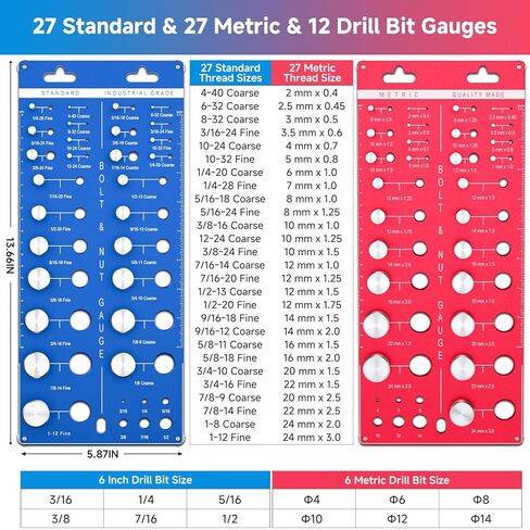 فاحص خيط صامولة ومسمار 66، حجم المسمار ومقياس الخيط مع 27 مقياسًا قياسيًا و27 متريًا و12 لقمة مثقاب، مقياس معرف المسمار والصامولة، أداة قياس حجم المسمار مع قاعدة لولبية مغناطيسية in Kuwait