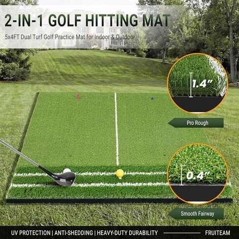 سجادة جولف FRUITEAM مزدوجة العشب مقاس 5 × 4 أقدام، محاذاة حصيرة ضرب الجولف السميكة ومساعد زاوية الاقتراب، ممارسة داخلية/خارجية in Kuwait