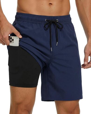 Justay Mens Swim Trunks with Compression Liner 2 in 1 Quick Dry Board Shorts Bathing Suit Swimming Trunks for Men in Kuwait