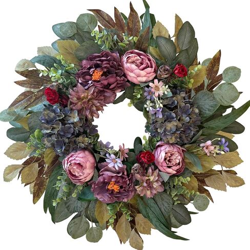 Wanna-Cul 24 بوصة الزهور الزهور لديكور الباب الأمامي ، إكليلا من الباب الأمامي الربيعي مع زهور الفاوانيا الوردي والأرجواني وزهرة الكرة المركزية الأزرق الزرقاء لحفل الزفاف أو الزفاف الداخلي والخارجي الزهور in Kuwait