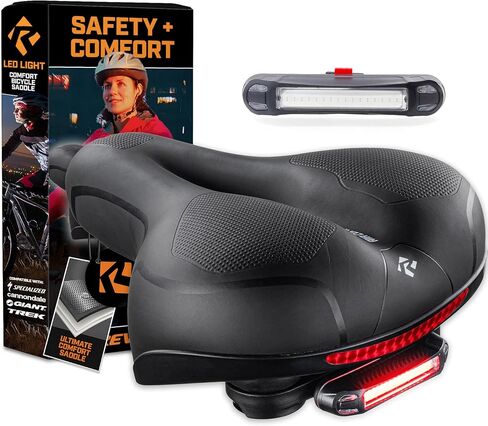 Revere Memory Foam Wide Bike Seat with Rear LED Safety Light – Waterproof, Shock-Absorbing Ergonomic Saddle for Road, Mountain, Cruiser & Exercise Bikes in Kuwait
