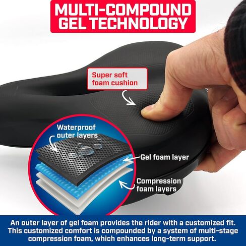 Revere Memory Foam Wide Bike Seat with Rear LED Safety Light – Waterproof, Shock-Absorbing Ergonomic Saddle for Road, Mountain, Cruiser & Exercise Bikes in Kuwait