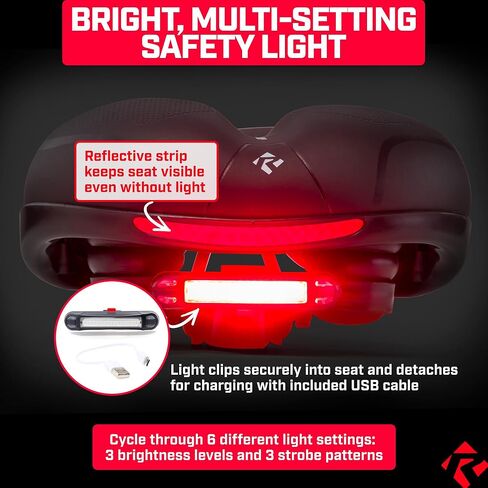 Revere Memory Foam Wide Bike Seat with Rear LED Safety Light – Waterproof, Shock-Absorbing Ergonomic Saddle for Road, Mountain, Cruiser & Exercise Bikes in Kuwait