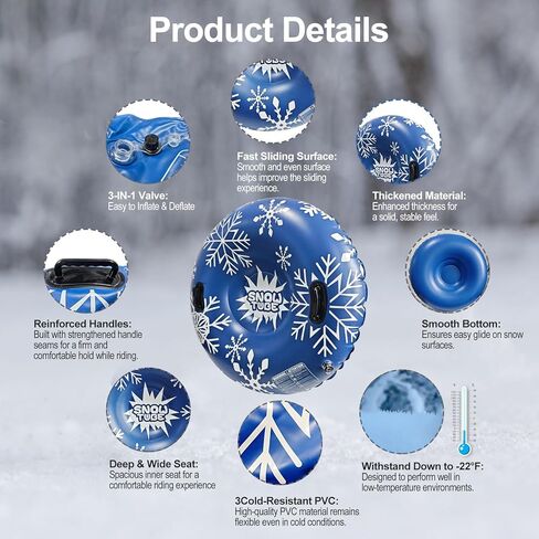 أنبوب ثلج قابل للنفخ شديد التحمل، زلاجة ثلج شتوية للبالغين ذوي قاع صلب - متين وموثوق للمتعة في الهواء الطلق، مثالي للتزحلق على الجليد والأنابيب in Kuwait