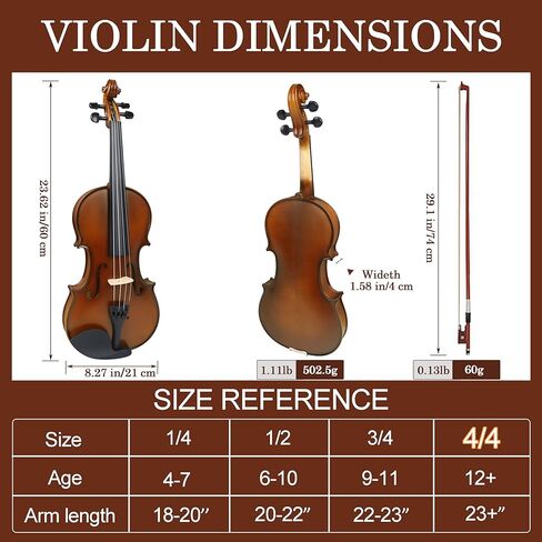 كمان من الخشب الصلب 4/4 للمبتدئين - كمان صوتي من أعلى شجرة التنوب وظهر من خشب القيقب، مجموعة للمبتدئين مع قوس من خشب الورد، وصنوبر، ومسند للكتف، وأوتار إضافية وجسر (كلاسيكي، كامل) in Kuwait