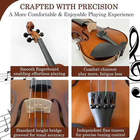 كمان من الخشب الصلب 4/4 للمبتدئين - كمان صوتي من أعلى شجرة التنوب وظهر من خشب القيقب، مجموعة للمبتدئين مع قوس من خشب الورد، وصنوبر، ومسند للكتف، وأوتار إضافية وجسر (كلاسيكي، كامل) in Kuwait
