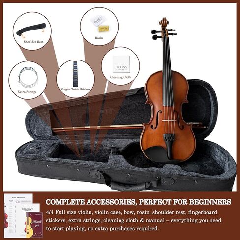 كمان من الخشب الصلب 4/4 للمبتدئين - كمان صوتي من أعلى شجرة التنوب وظهر من خشب القيقب، مجموعة للمبتدئين مع قوس من خشب الورد، وصنوبر، ومسند للكتف، وأوتار إضافية وجسر (كلاسيكي، كامل) in Kuwait