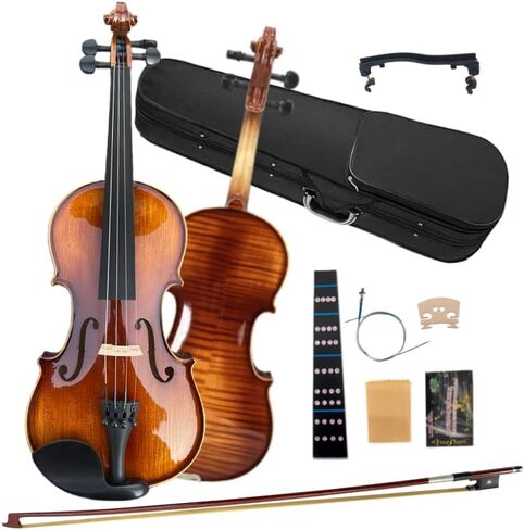 4/4 Violin full set for Beginners, Adults, Students, Aged Spruce Maple Solid Wood Fiddle, Ebony fittings with Hard Case, Shoulder Rest, Bow, Tuner, Extra Strings (Flame-backed, 4/4) in Kuwait