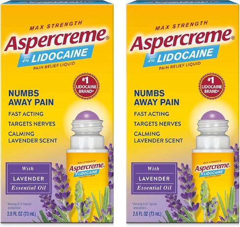Aspercreme Lidocaine Pain Relief Liquid with No-Mess Roll-On Applicator, Max-Strength 4% Lidocaine Numbs Away Nerve Pain, Original & Essential Oil Lavender Scents 2.5 FL oz, 2 Pack in Kuwait
