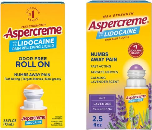 Aspercreme Lidocaine Pain Relief Liquid with No-Mess Roll-On Applicator, Max-Strength 4% Lidocaine Numbs Away Nerve Pain, Original & Essential Oil Lavender Scents 2.5 FL oz, 2 Pack in Kuwait