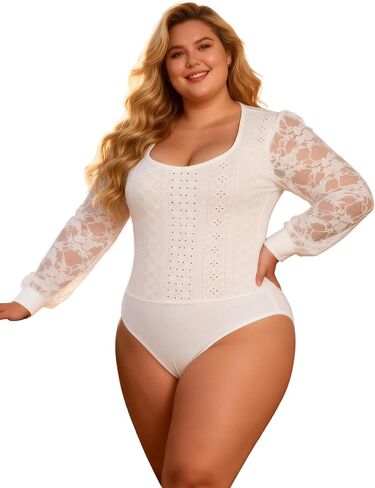 Women's Plus Size Bodysuits Long Sleeve Square Neck Bodysuit Lace Floral Top Breathable Sheer Leotard S-2XL in Kuwait