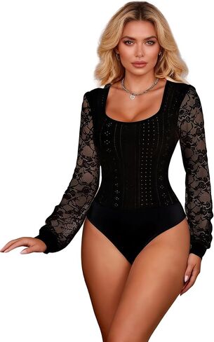 نساء زائد الجسدية الزوديات طويلة الأكمام مربعة الرقبة bodysuit الدانتيل الأزهار أعلى leotard leotard s-2xl in Kuwait