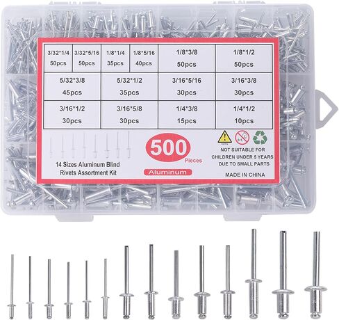 500pcs Pop Rivets Assortment Kit,14 Sizes Aluminum Rivets,Blind Rivets set,including 3/32" 1/8" 5/32" 3/16",metal Dome Head rivets Assortment kit with labels Storage boxes (Silver) in Saudi Arabia
