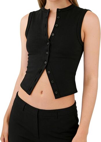 Women Button Down Tank Tops Casual Ribbed Sleeveless Crop Vest Top Going Out Tops Open Front Slim Fit Dressy Top in Kuwait