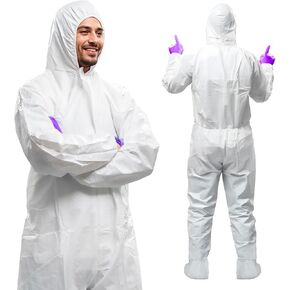 AMZ Medical Supply White Disposable Coveralls with Hood & Boots, Large. Pack of 25 Microporous Lab Coveralls for Men & Women. 60 GSM Painters Suit Disposable with Elastic Wrist, Lower Back, Zipper in Kuwait