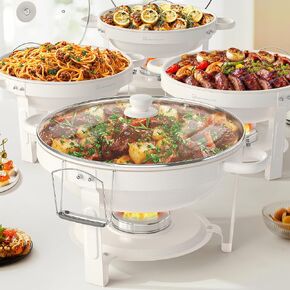 WARMOUNTS White Chafing Dishes for Buffet with Glass Lid (5QT, 4Pack), Maifanite-Coated Round Chafing Dish Set w/Mirror-Polished Stainless Steel, Rolled Rim, Stackable, Lid Holder for Party, Wedding in Kuwait