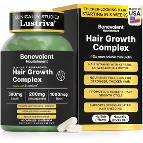 Benevolent Lustriva Hair Growth Supplement – Advanced Hair Vitamins with Keratin & Biotin for Thicker-Looking, Stronger Strands, Support for Stress-Related Thinning in Women & Men, USA-Made, 90 ct in Kuwait