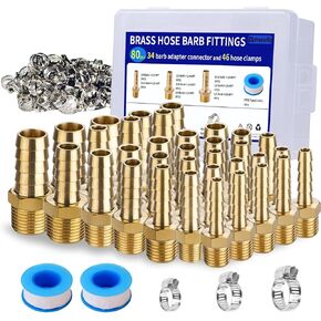 طقم تركيبات خرطوم نحاسي 34 قطعة - 3/16 بوصة، 1/4 بوصة، 5/16 بوصة، 3/8 بوصة، 1/2 بوصة بارب إلى 1/8 بوصة، 1/4 بوصة، 3/8 بوصة محول ذكر NPT مع 46 قطعة مشابك وشريطين تيفلون لخط مياه وقود الهواء in Kuwait