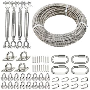 1/4" Wire Rope Kit with 50ft Stainless Steel Cable, 1/4 Turnbuckles, M8 Chain Link & Pad Eye Hooks, 1400 lbs Load Limit, Tension Cable Wire Kit for Shade Sails, Deck Railing, Camping, Boat in Kuwait