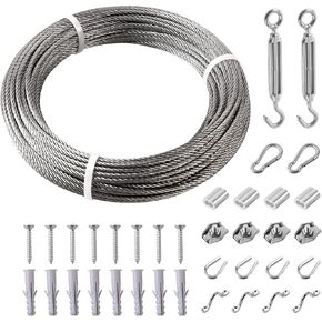 Helffer 98FT 1/8" Heavy Duty String Light Hanging Kit, Bare 304 Stainless Steel Cable Wire Rope Tensioner Kit for Commercial Outdoor Globe Lights, Sun Shade Sail Hardware, Trellis, Clothesline in Kuwait