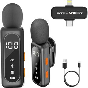 Crelander 3 in 1 Professional Mini Wireless Microphone for iPhone/Android/Camera, Bluetooth Lavalier Mic Crystal Clear Sound Quality for Recording, Live Streaming, Microphone Clips in Kuwait