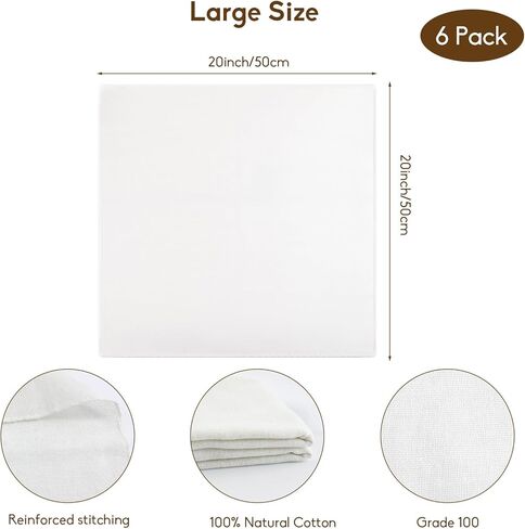 6 قطع من قماش الجبن من الدرجة 100 للتصفية، قماش موسلين قطني قابل لإعادة الاستخدام مقاس 20 × 20 بوصة، حواف مُطوقة، مرشح درجة الطعام للطهي، حليب الجوز، الزبادي اليوناني والديك الرومي in Kuwait