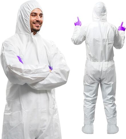 AMZ Medical Supply White Disposable Coveralls with Hood & Boots, Large. Pack of 25 Microporous Lab Coveralls for Men & Women. 60 GSM Painters Suit Disposable with Elastic Wrist, Lower Back, Zipper in Kuwait