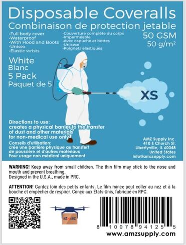 EZGOODZ Disposable Coveralls 5 Pack, White Polypropylene 50 gsm Overall with Waterproof Microporous Film. Laminated X-Small Full Body Protective Suit. in Kuwait