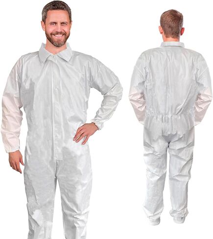 AMZ Medical Supply White Disposable Coveralls for Men/Women, Large. Pack of 25 Painters Coveralls. Unisex Hazmat Suits Disposable. 60 GSM Microporous Paint Suit with Zipper, Elastic Wrists & Ankles in Kuwait