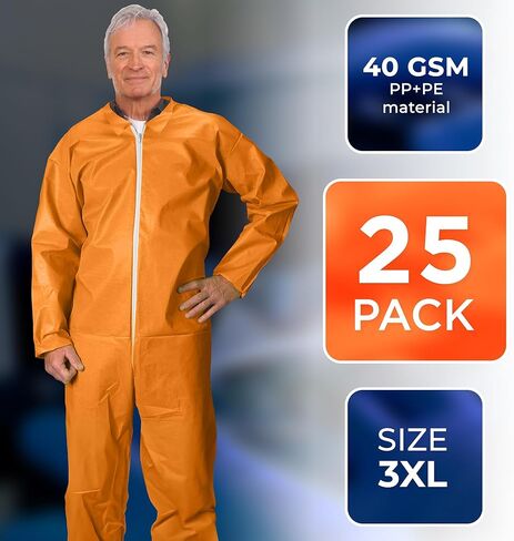 EZGOODZ Orange Disposable Coveralls, Waterproof 40 GSM Hazmat Suits with Zipper, Open Wrists, Ankles, Folded Collar in Kuwait