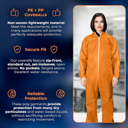 EZGOODZ Orange Disposable Coveralls, Waterproof 40 GSM Hazmat Suits with Zipper, Open Wrists, Ankles, Folded Collar in Kuwait