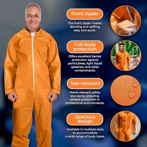 EZGOODZ Orange Disposable Coveralls, Waterproof 40 GSM Hazmat Suits with Zipper, Open Wrists, Ankles, Folded Collar in Kuwait