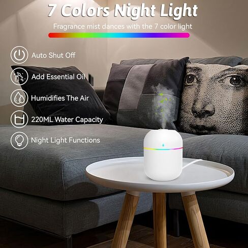موزع روائح الزيوت العطرية صغير الحجم 220 مل للمكتب، أجهزة ترطيب صغيرة لغرفة النوم وموزعات الروائح العلاجية للمنزل مع إضاءة ليلية وإيقاف تلقائي in Kuwait