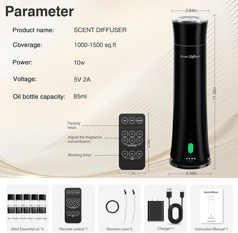 Hotel Scent Diffuser Starter Kit - 1500 Sq Ft Coverage, Premium Plastic Essential Oil Diffuser, Waterless Diffuser for Home, Hotel, Office, 5 Scent Essential Oils Included, Large Room, Black, 11In in Saudi Arabia