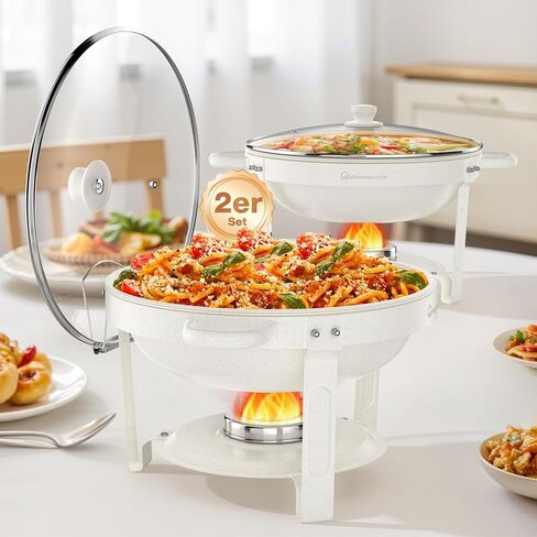 WARMOUNTS White Chafing Dishes for Buffet with Glass Lid (5QT, 4Pack), Maifanite-Coated Round Chafing Dish Set w/Mirror-Polished Stainless Steel, Rolled Rim, Stackable, Lid Holder for Party, Wedding in Kuwait