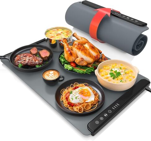 Warming Mat for Food, Portable Food Warming Mat For Countertop, Full Surface Electric Warming Tray with Safety Lock, 4 Temp Levels & 6-Hour Timer for for Parties, Buffets & Home Use (Grey) in Saudi Arabia